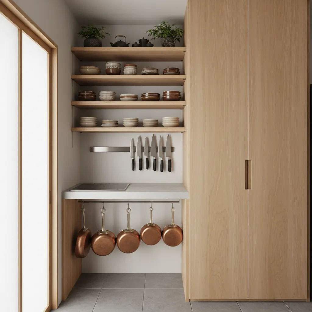 Vertical storage wall system in a small Japanese kitchen