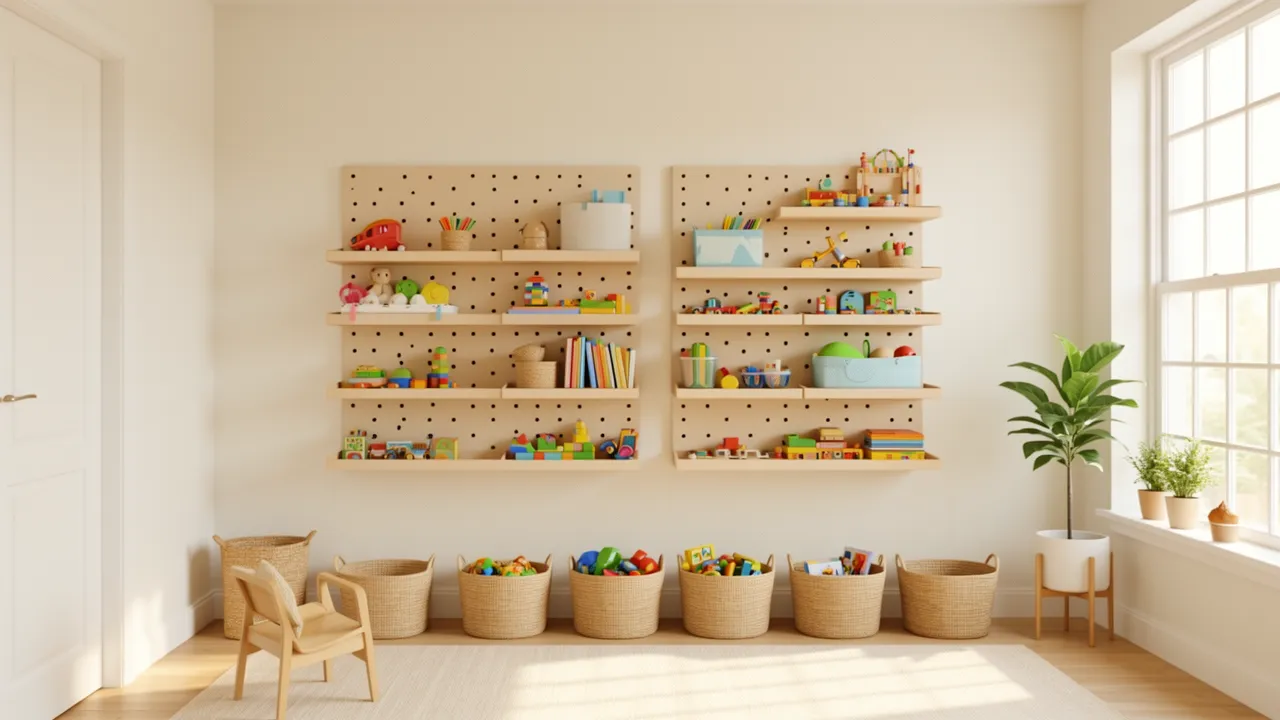 kids play area with wall shelves pegboard and vertical toy storage