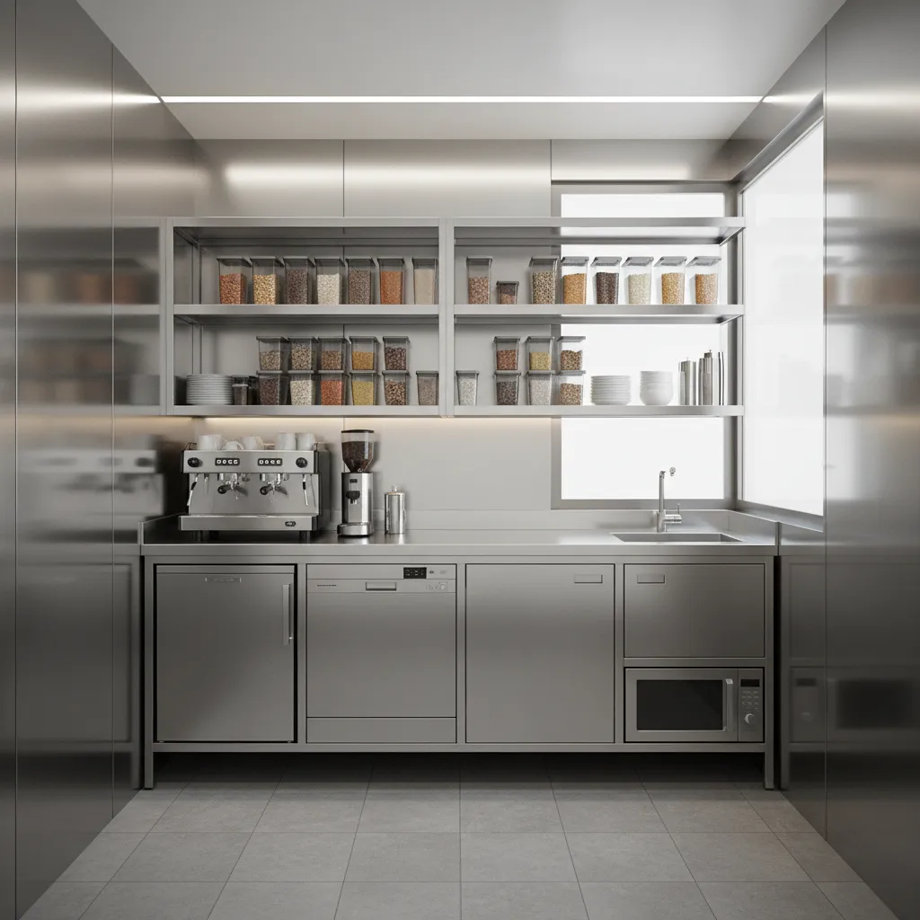 Small kiosk kitchen using vertical shelving and compact appliances