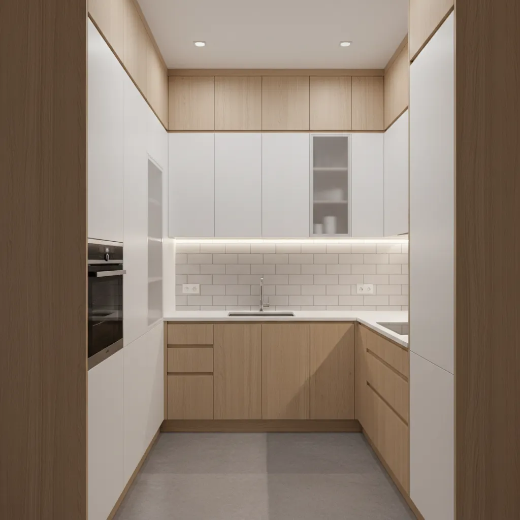Small kitchen with white tall storage cabinets wood base units white wall tiles and sink