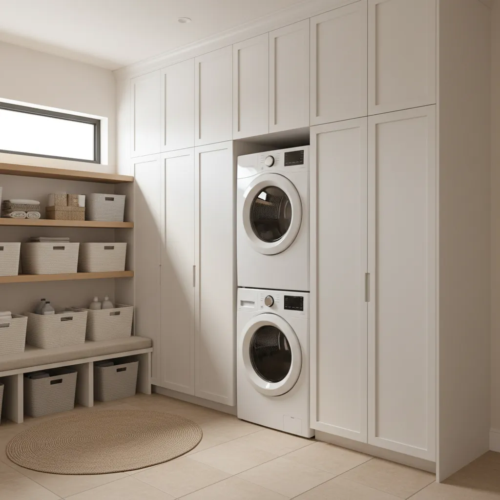 laundry mudroom with full height cabinets and vertical storage