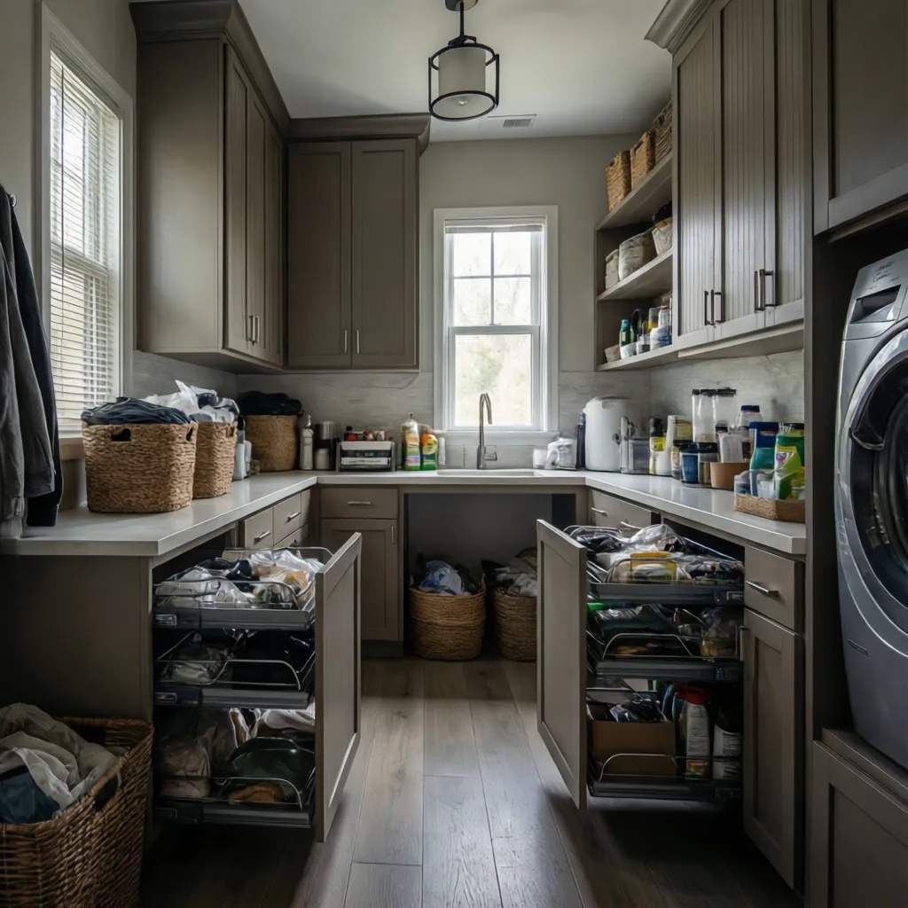 laundry mudroom vertical storage cabinets and tall pantry organization