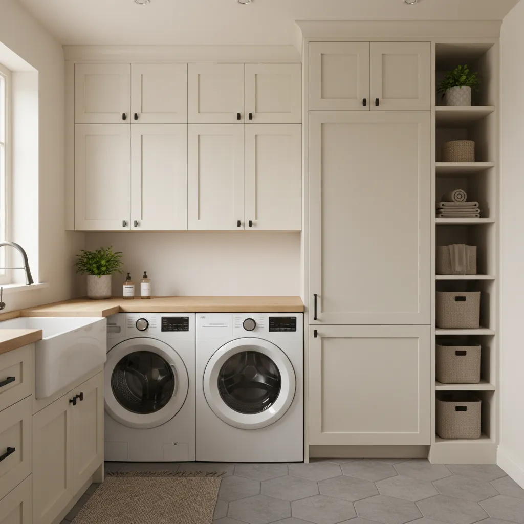 Laundry room vertical storage above refrigerator and washer