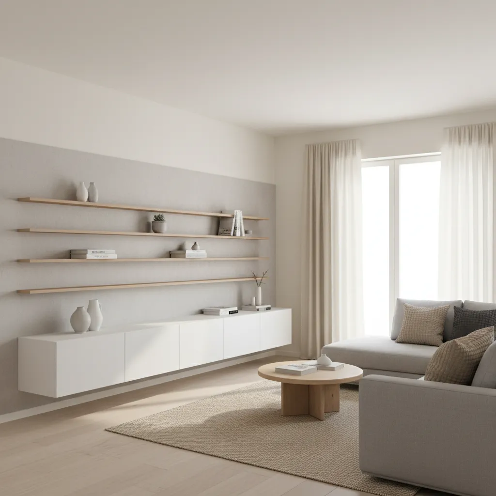 Living room with wall mounted shelves and floating storage units