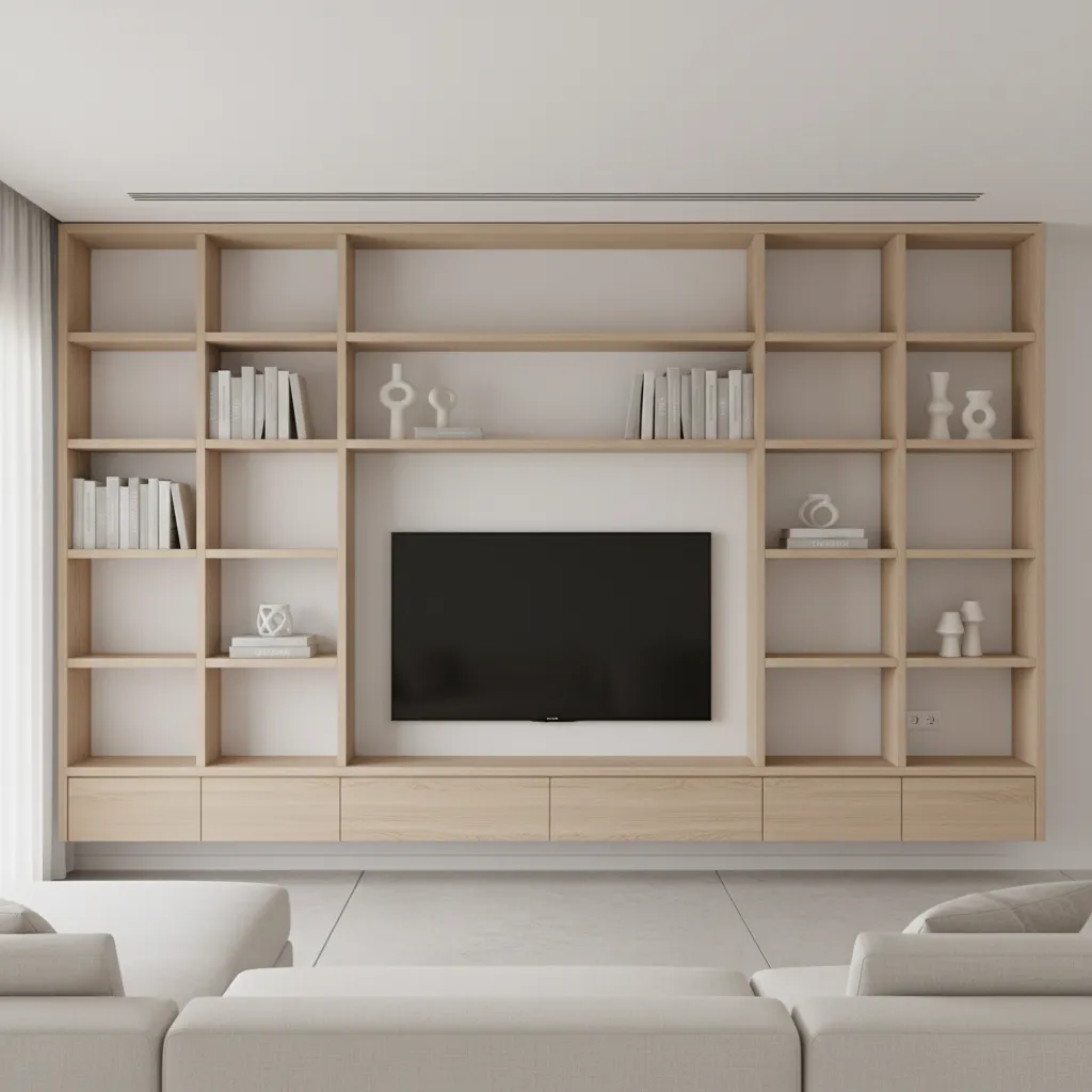 Living room wall with tall shelving and wall mounted storage