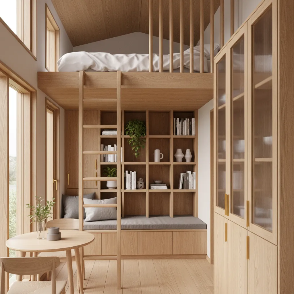 Tiny house loft bed with vertical storage shelves and ladder