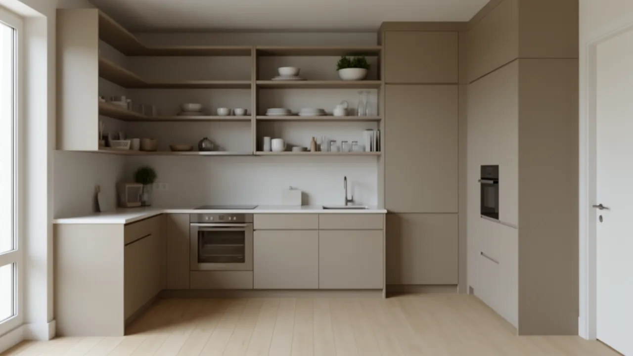 Loft kitchen with tall cabinets and open vertical shelving