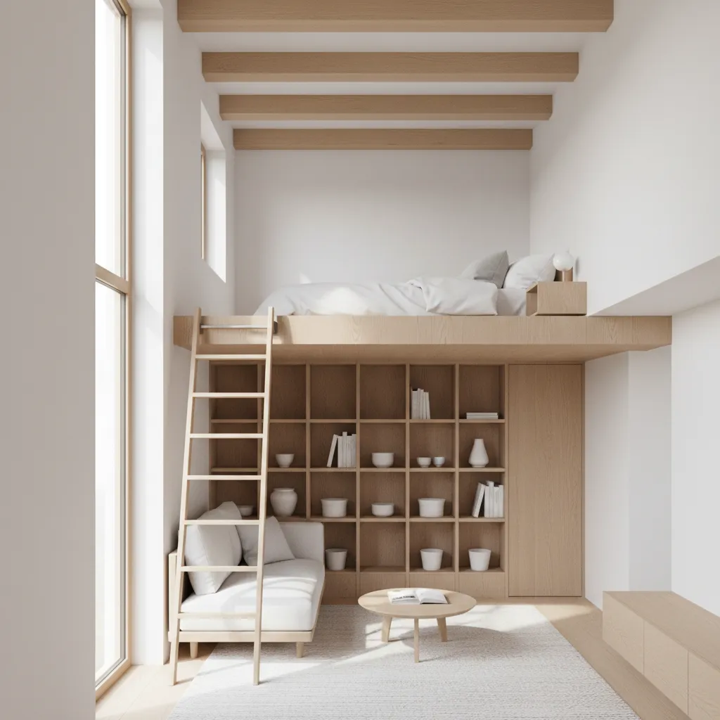 small home loft sleeping area with vertical storage shelving