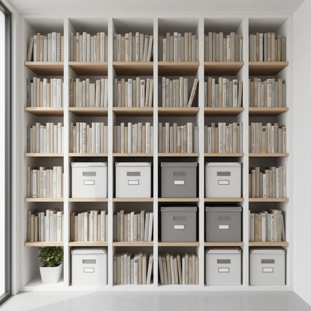 Floor to ceiling shelving system used for vertical storage in a tiny apartment