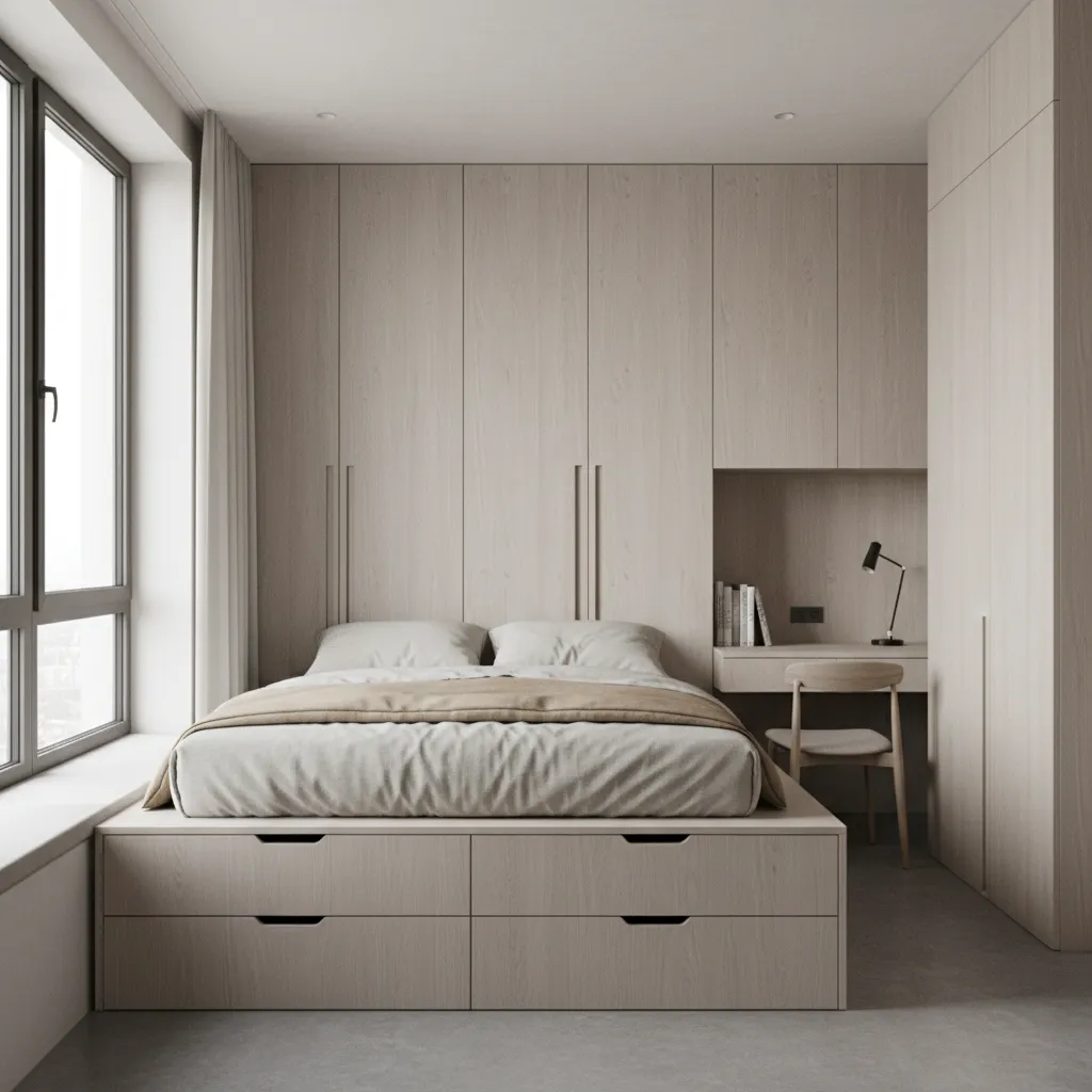 micro apartment with full height storage wall and raised bed platform