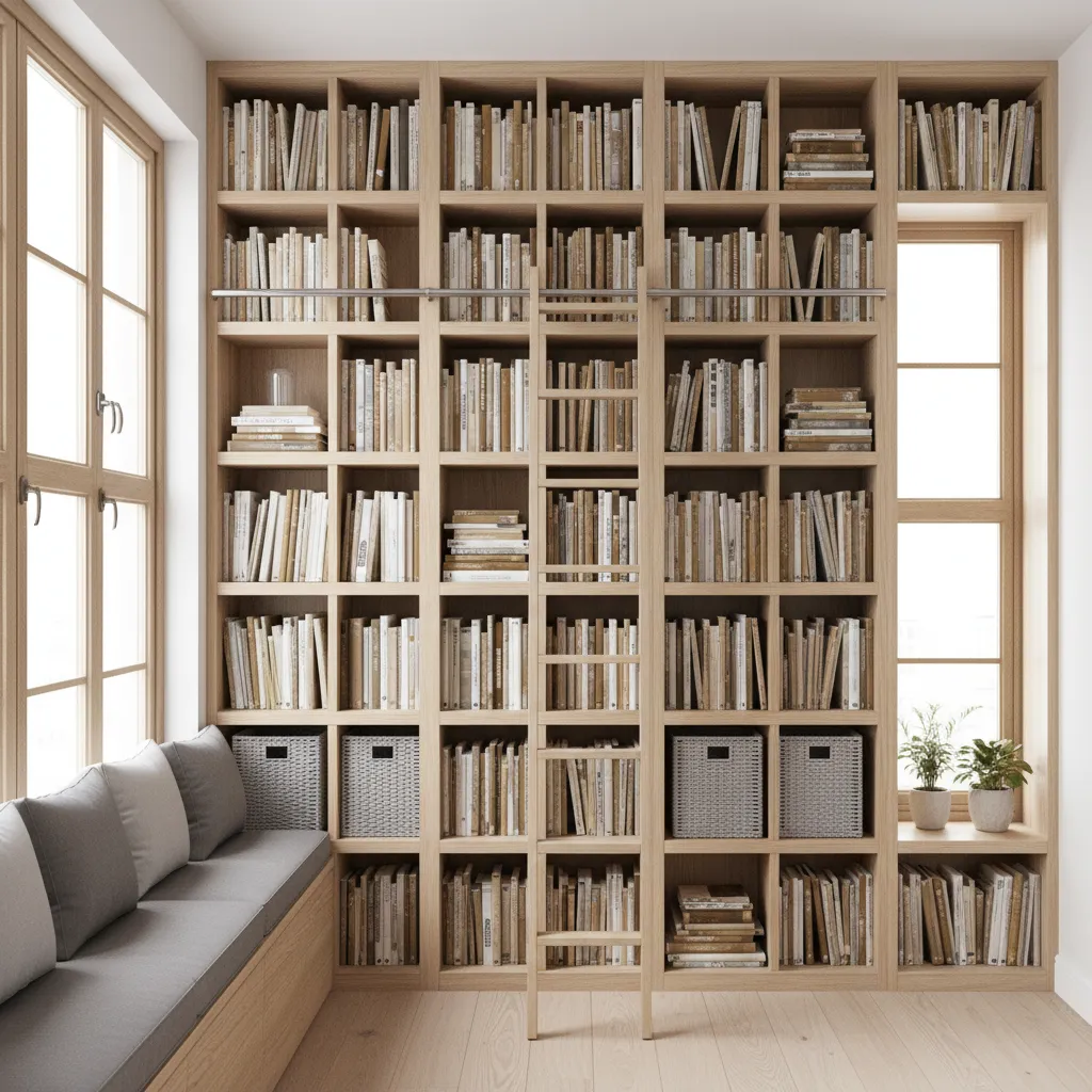 Floor to ceiling shelving and vertical storage in a small apartment