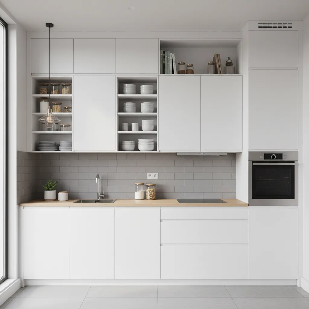 Tall vertical kitchen cabinets extending to ceiling in a small kitchen