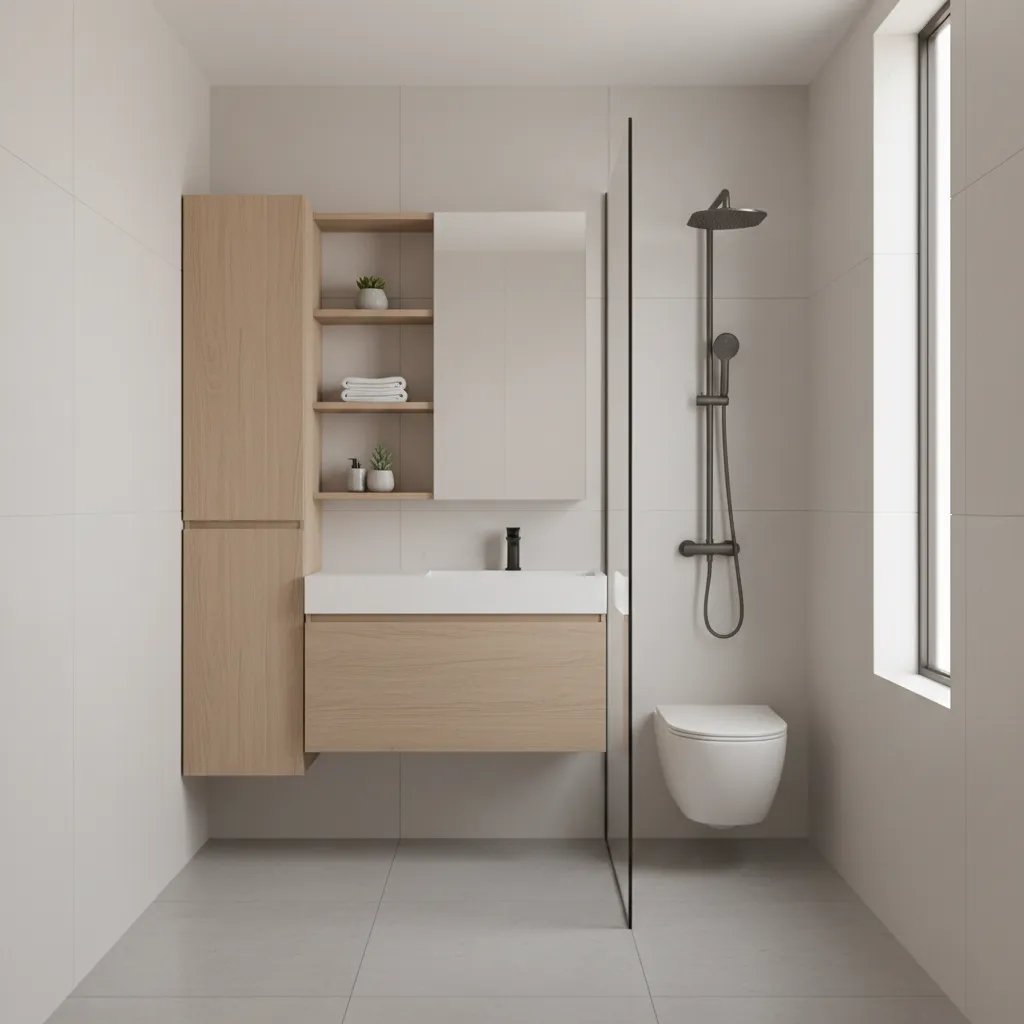 tall vertical cabinet storage in a narrow small bathroom