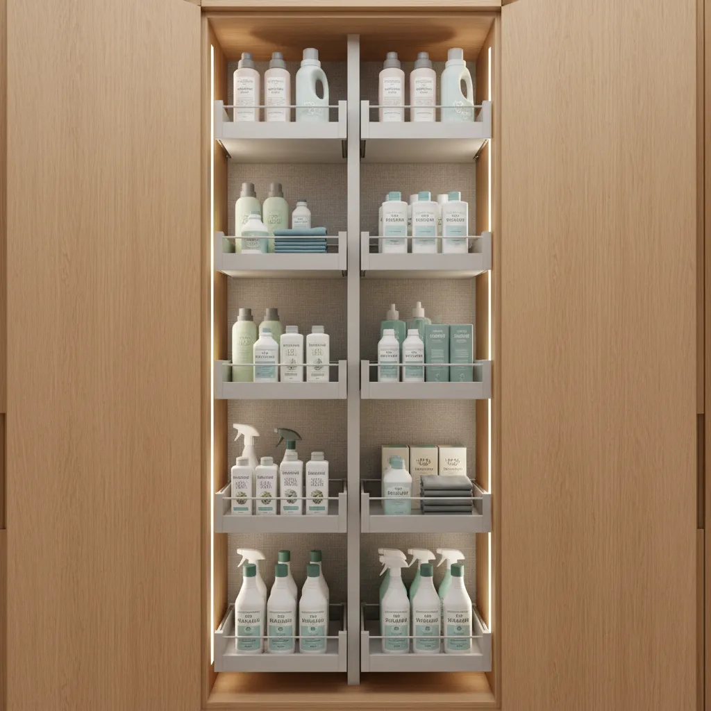 Tall narrow laundry cabinet with pull-out shelves storing detergent and cleaning supplies