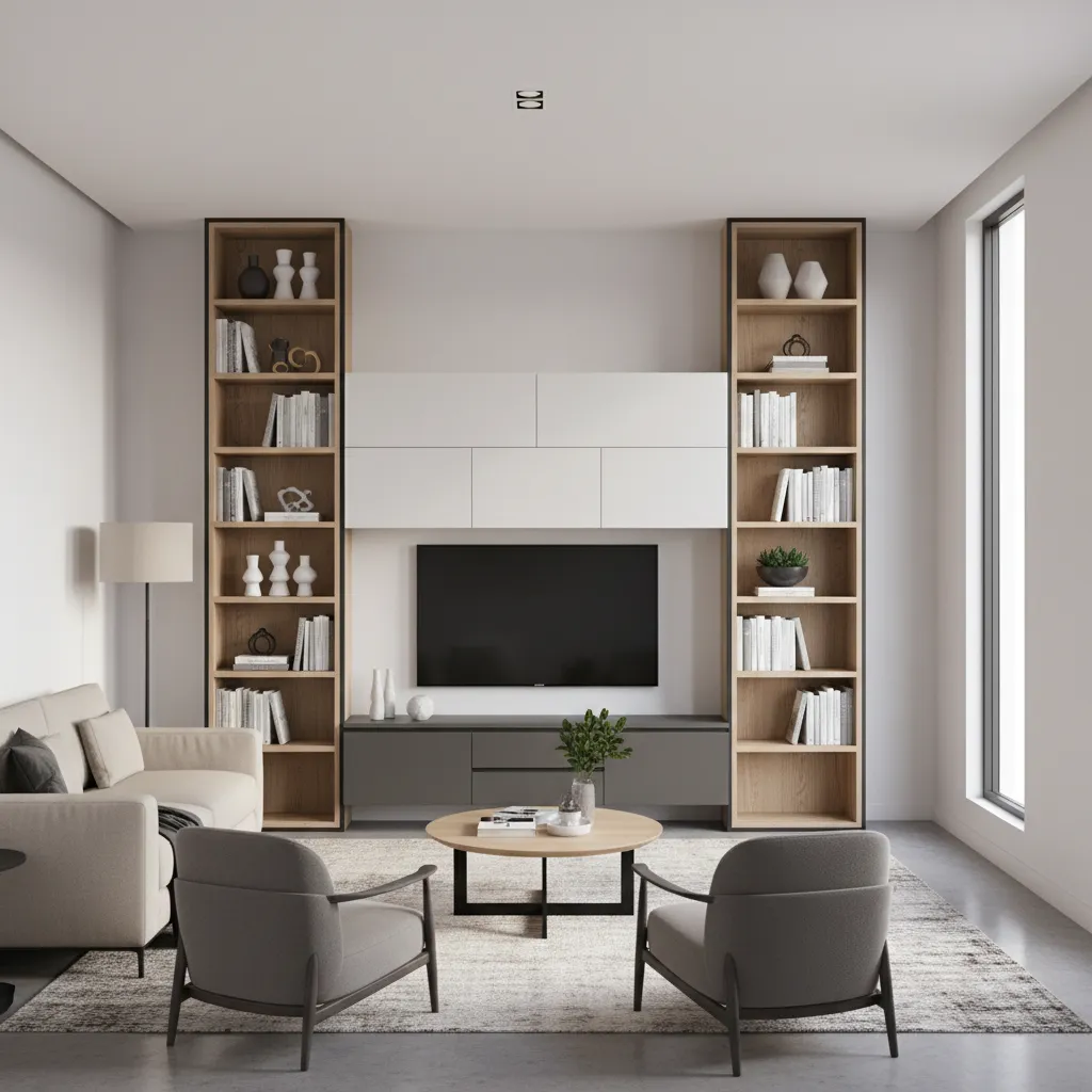 Tall vertical shelving storage solution in a narrow living room