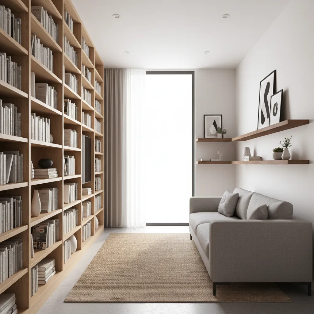 Tall vertical shelving in a narrow living room