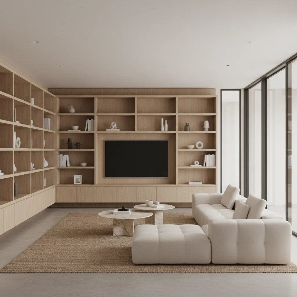 floor to ceiling shelving storage wall in small open ranch living room