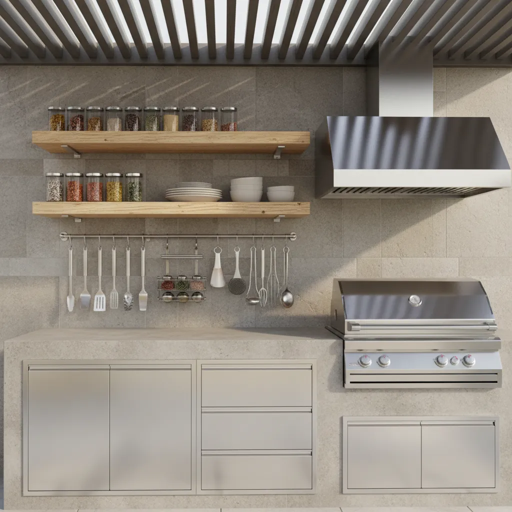 Outdoor kitchen vertical storage with floating shelves and wall racks