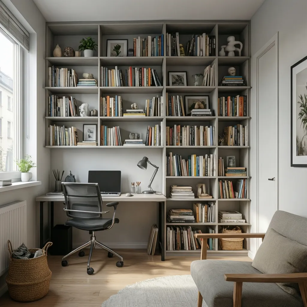 vertical storage wall shelves in a compact junior one bedroom apartment