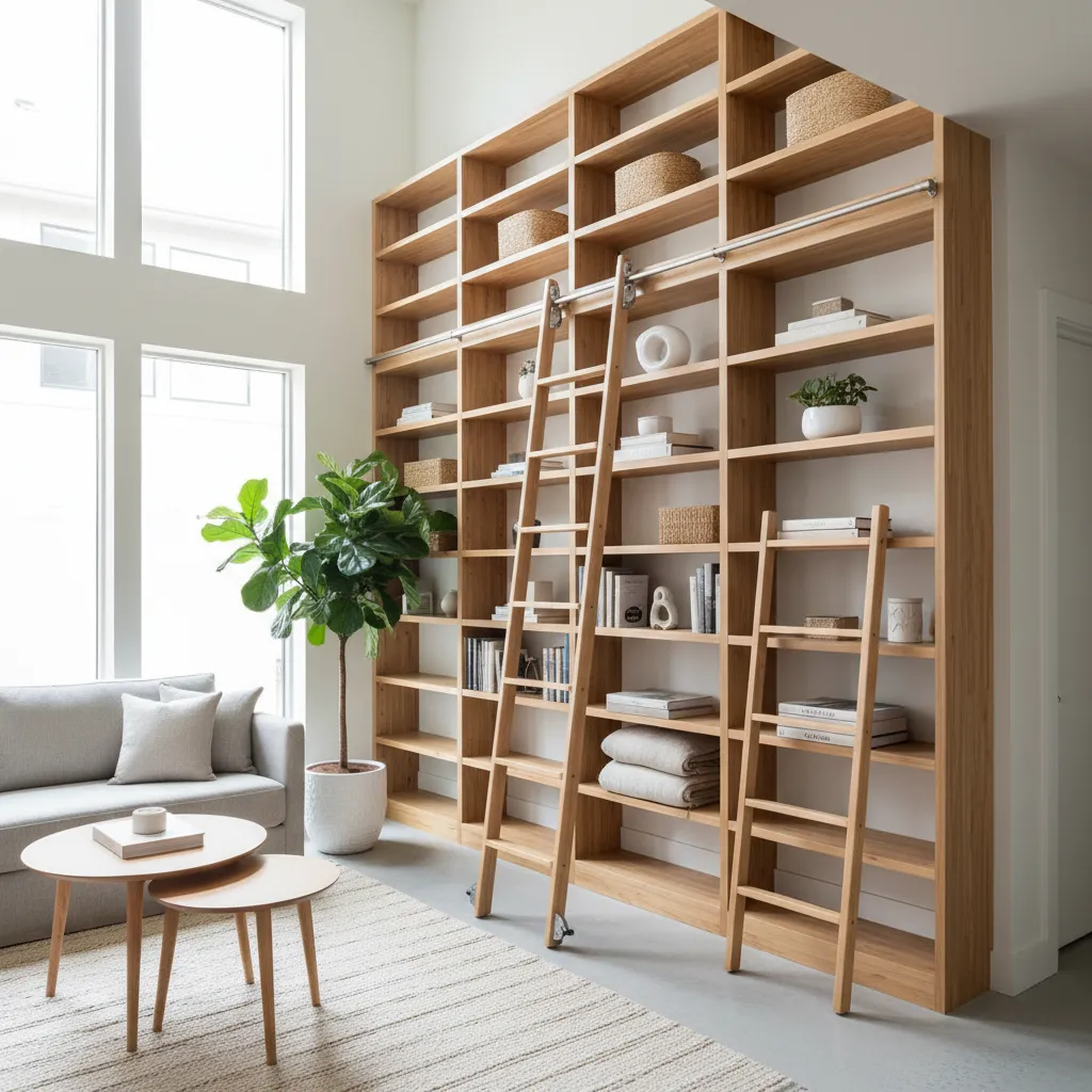 Apartamento pequeño con almacenamiento vertical y estanterías altas
