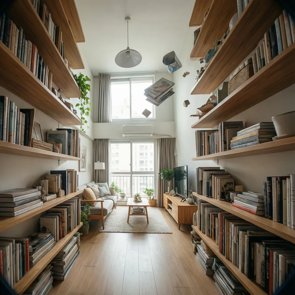Estanterías altas hasta el techo en un apartamento pequeño