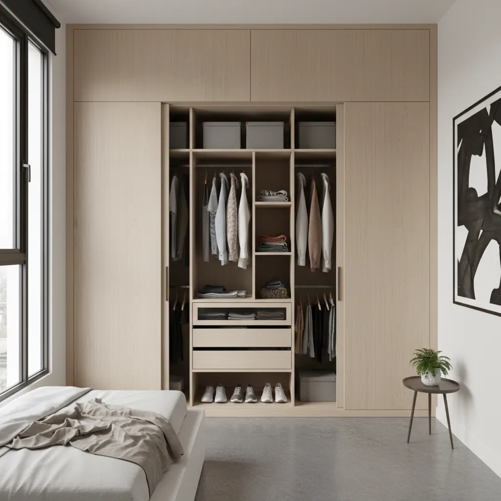 Floor to ceiling wooden wardrobe with hanging clothes shelves and drawers in a modern bedroom
