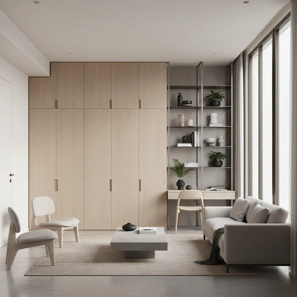 Modern living space featuring large wooden cabinet desk with chair grey sofa and beige rug