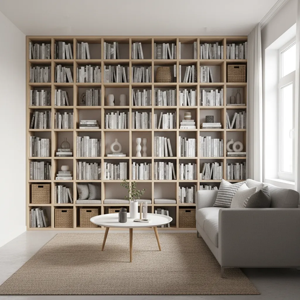 Small apartment wall with floor to ceiling shelving for vertical storage