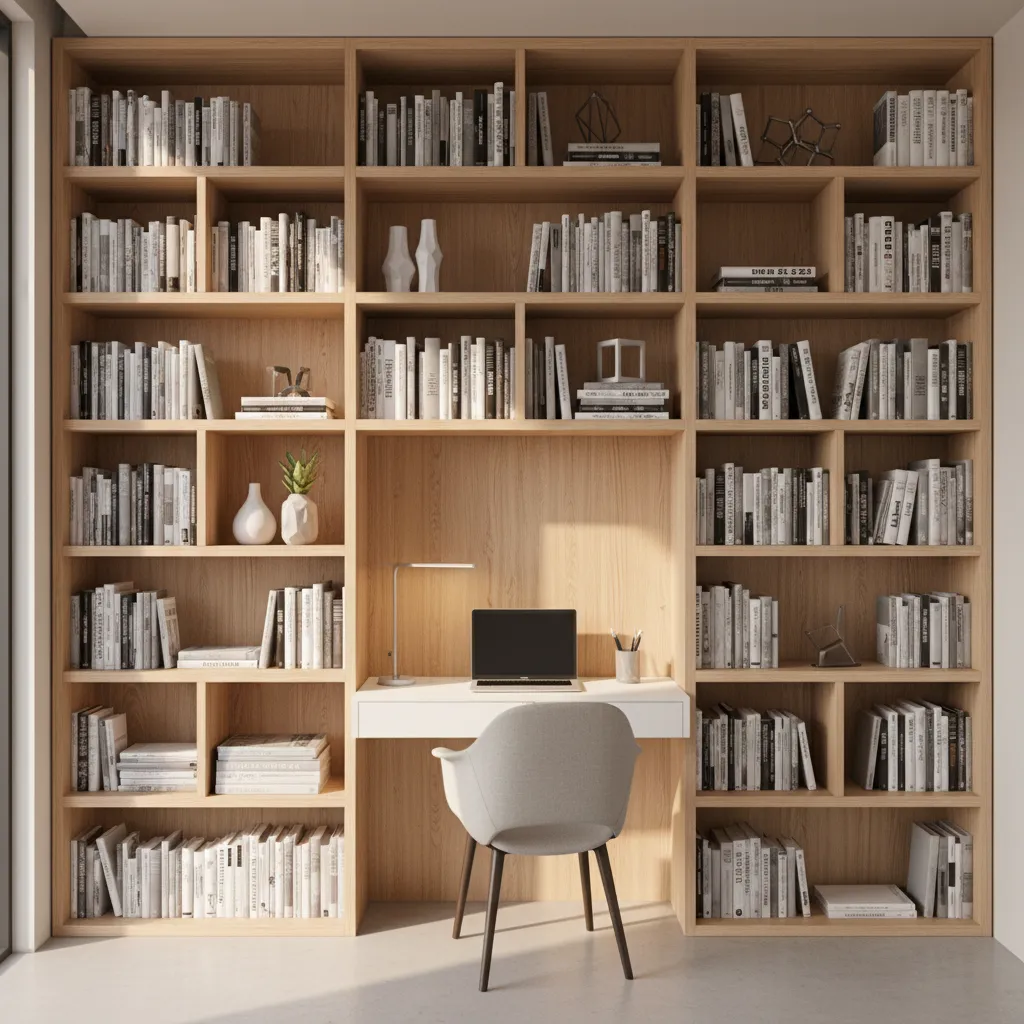 Large light wood bookshelf wall with a white desk laptop grey chair and many books