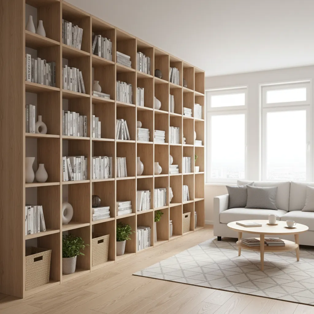 Small apartment wall storage system with tall shelves maximizing vertical space