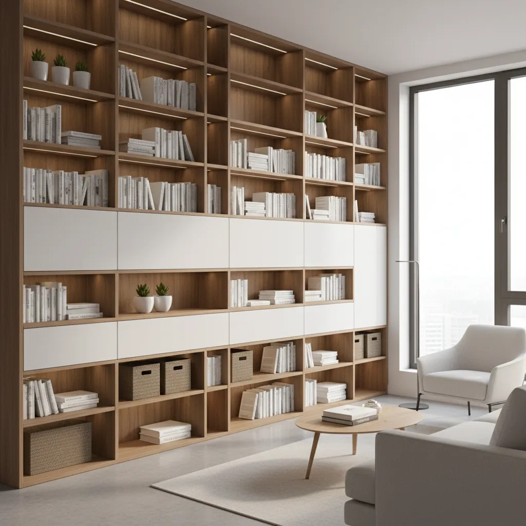 Vertical wall shelving and storage units maximizing space in a compact apartment
