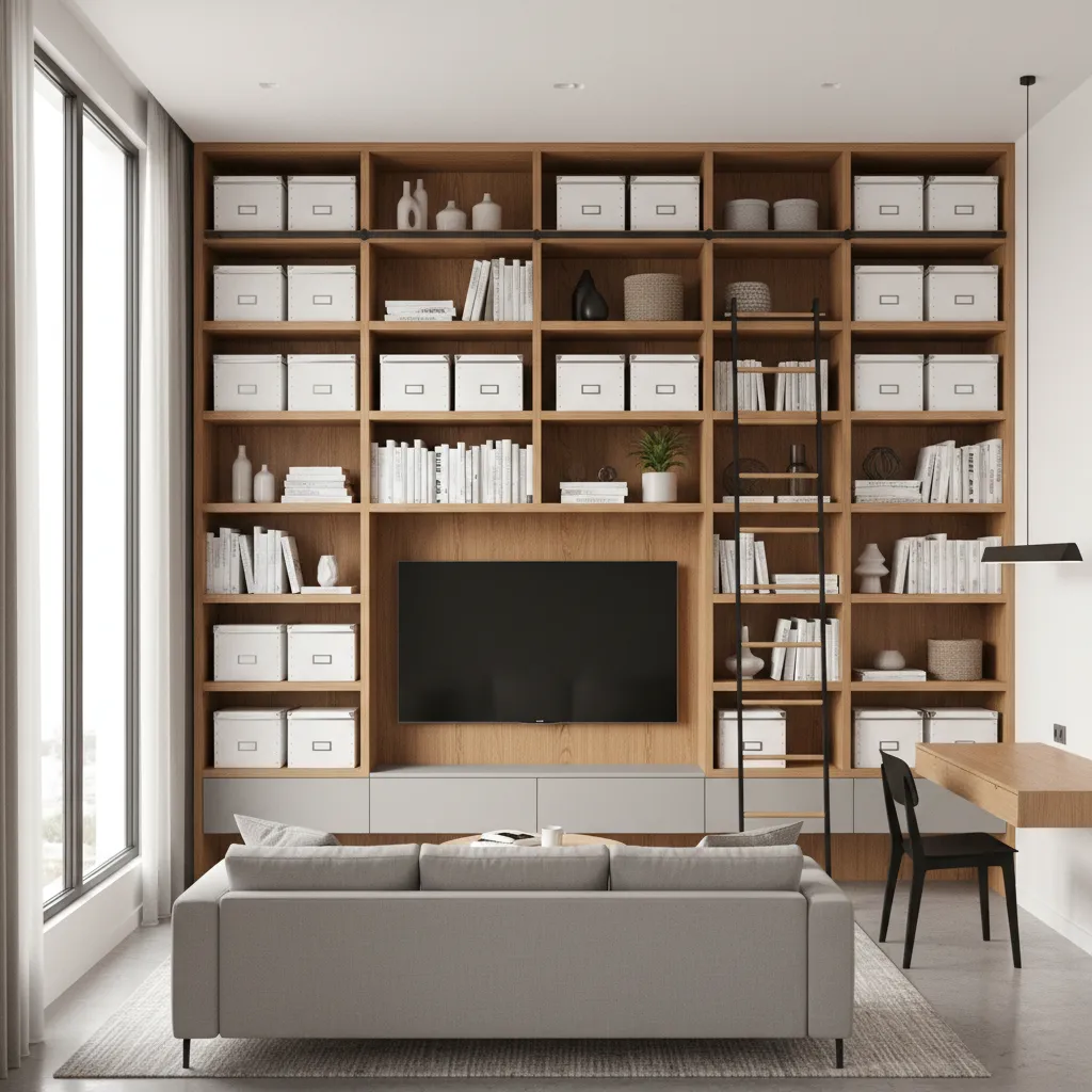 small apartment using tall wall shelves and vertical storage
