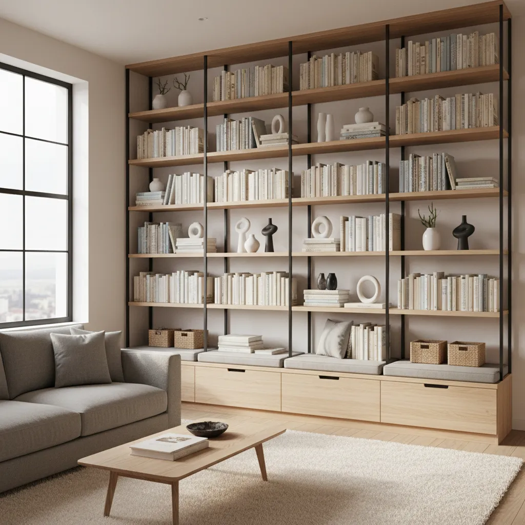 floor to ceiling shelving maximizing vertical storage in small apartment