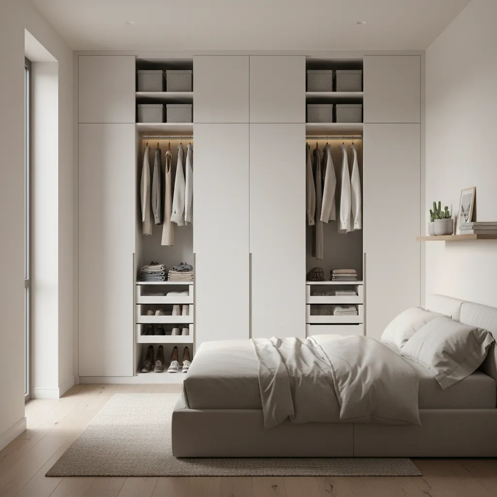 Floor to ceiling storage cabinets in a compact apartment bedroom