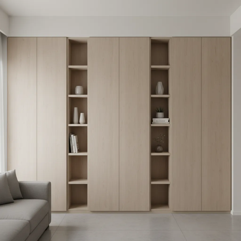 Vertical storage cabinets reaching ceiling in a small apartment living room