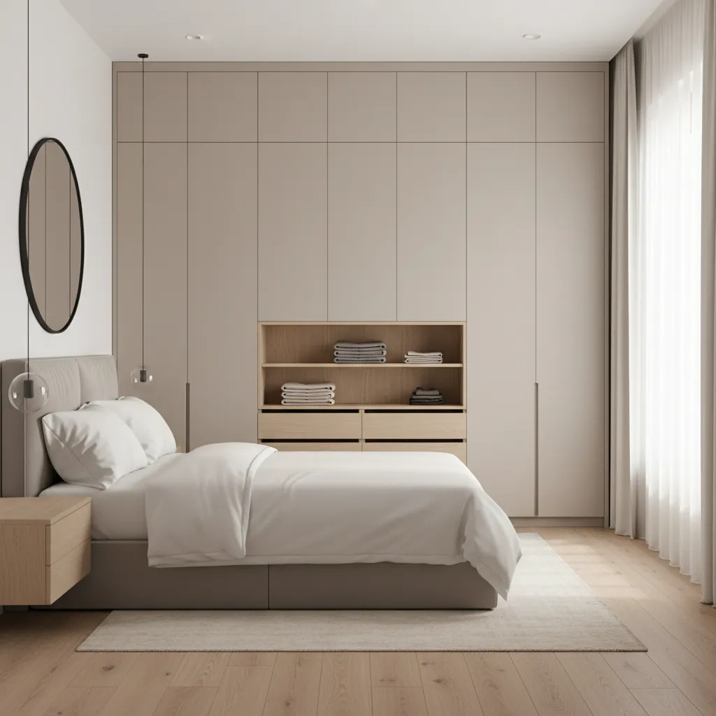 Floor to ceiling wardrobe and wall storage in a small bedroom