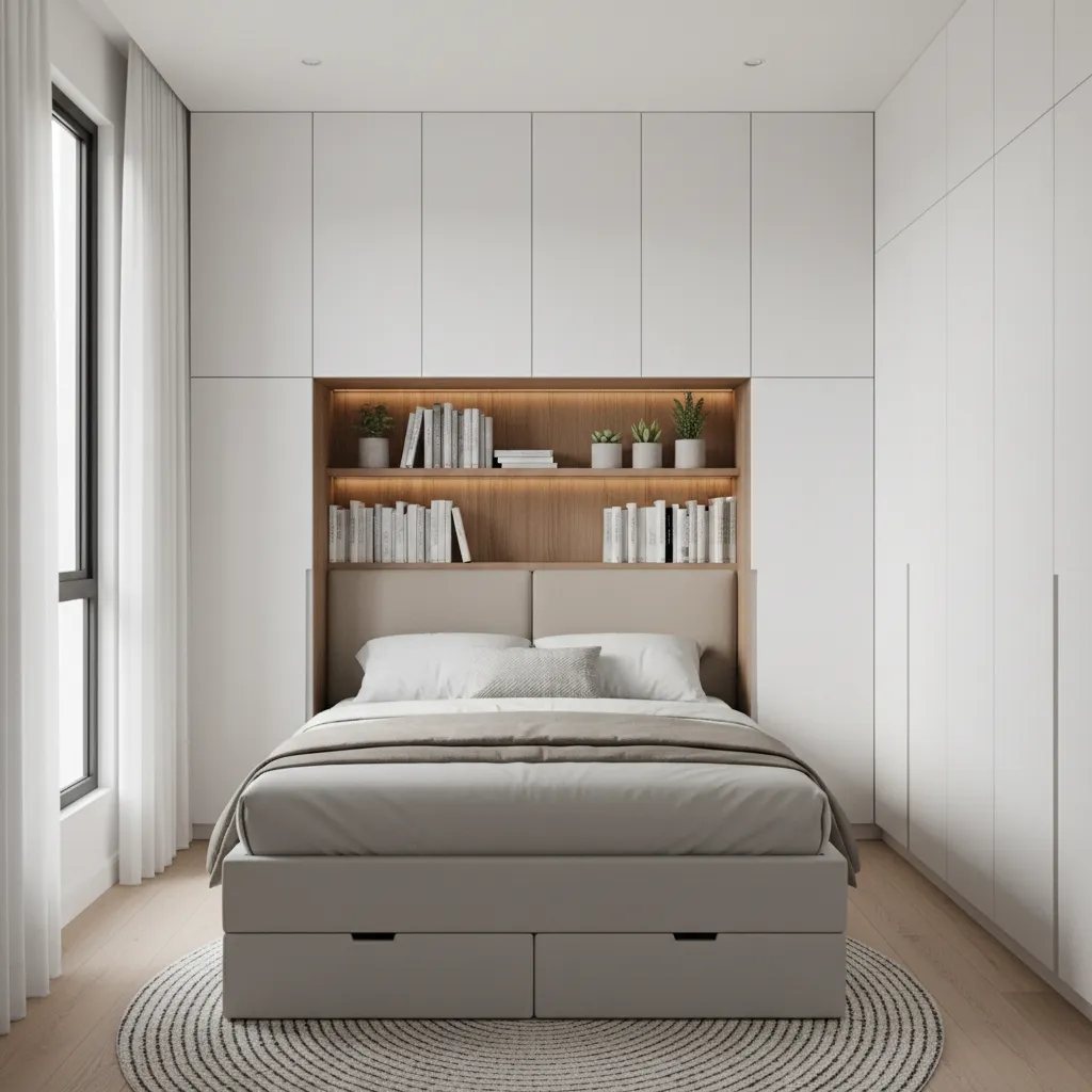 Vertical storage cabinets and wall shelves in a compact bedroom