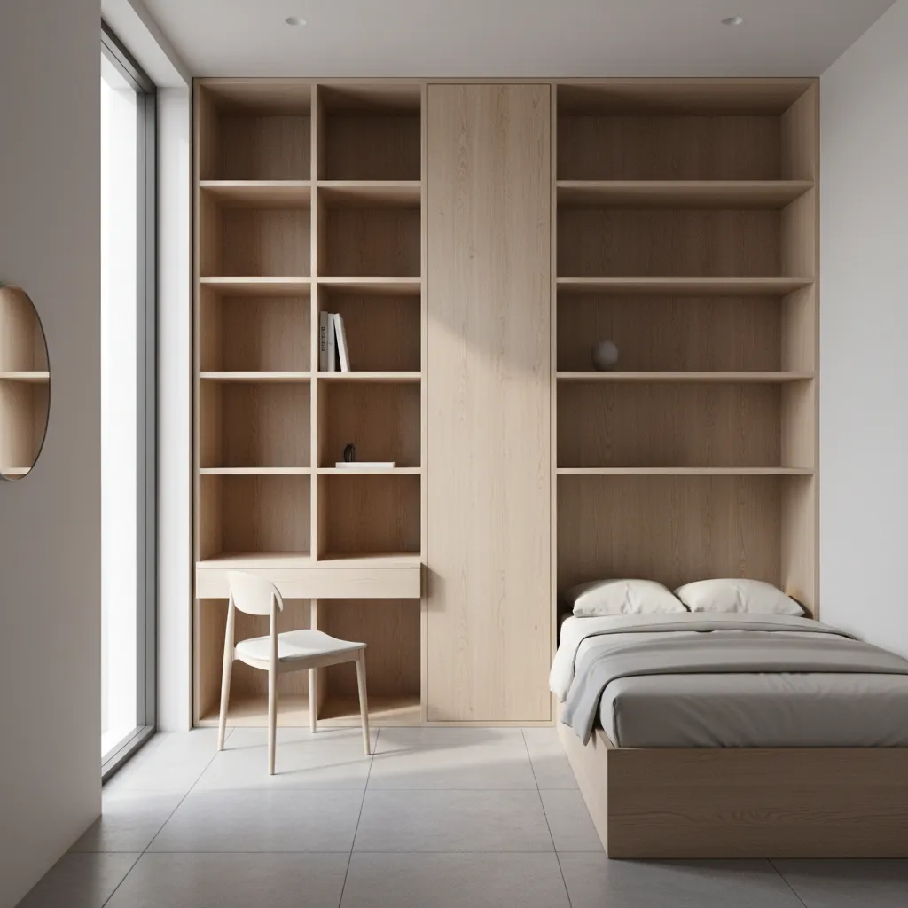 Custom wooden wall panel furniture set with bed desk chair and many open storage shelves