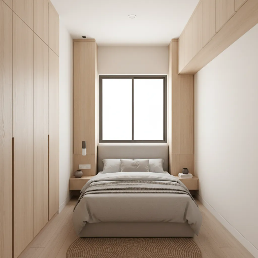 Vertical wall storage solution in a small 1 BHK bedroom
