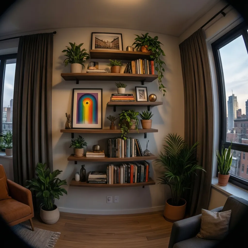 Vertical wall shelves displaying decor and pride artwork in small apartment