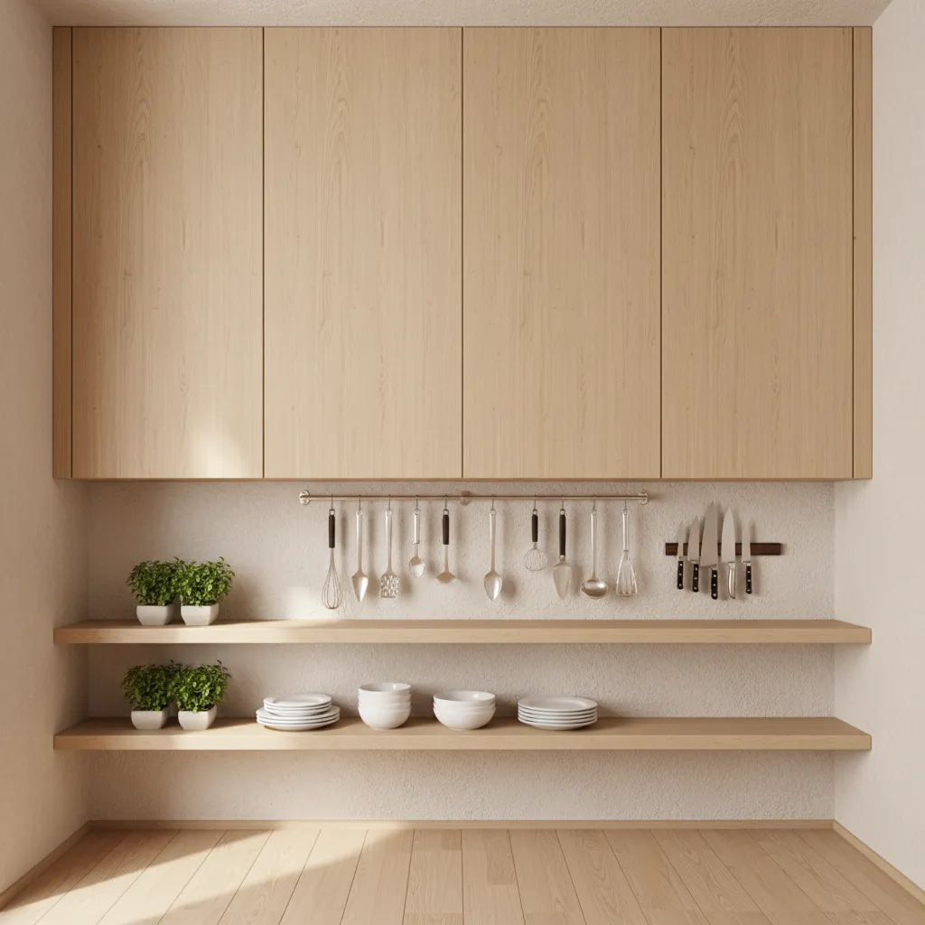 Vertical storage shelves and hanging rails in a small apartment kitchen