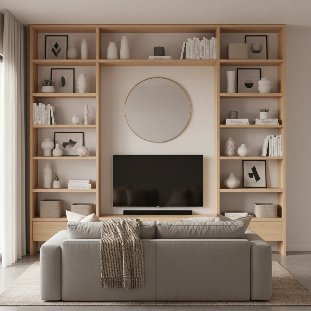 Small apartment living room with vertical wall shelving storage