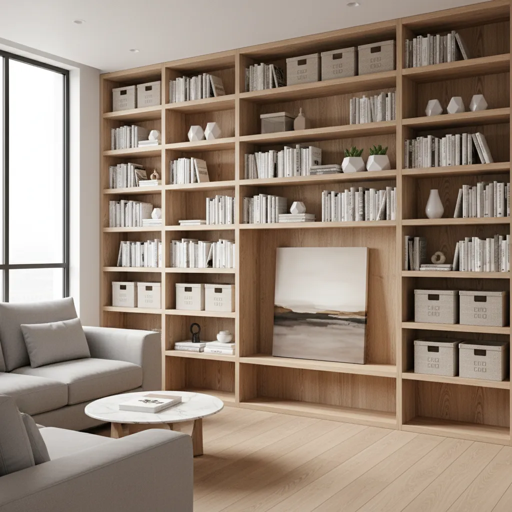 small apartment wall with floor to ceiling shelving storage