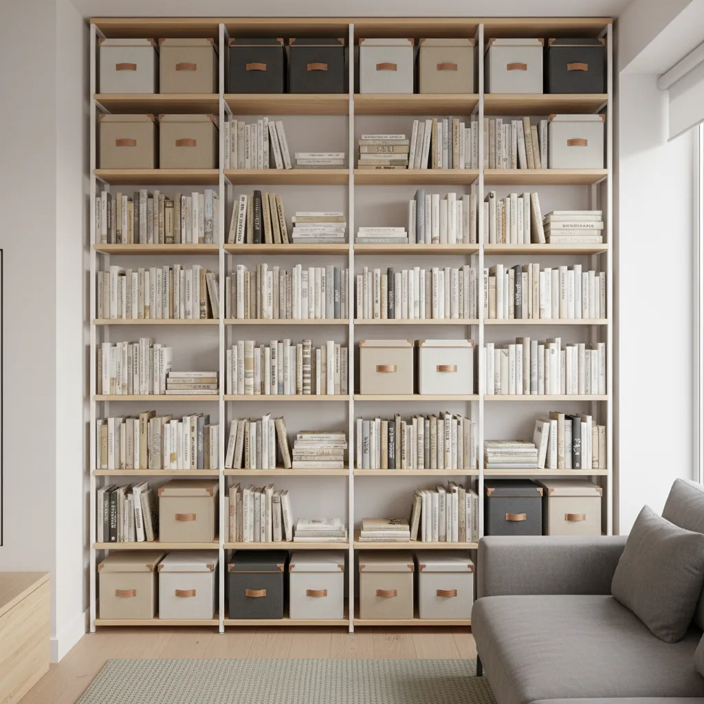 floor to ceiling shelving used for vertical storage in small apartment