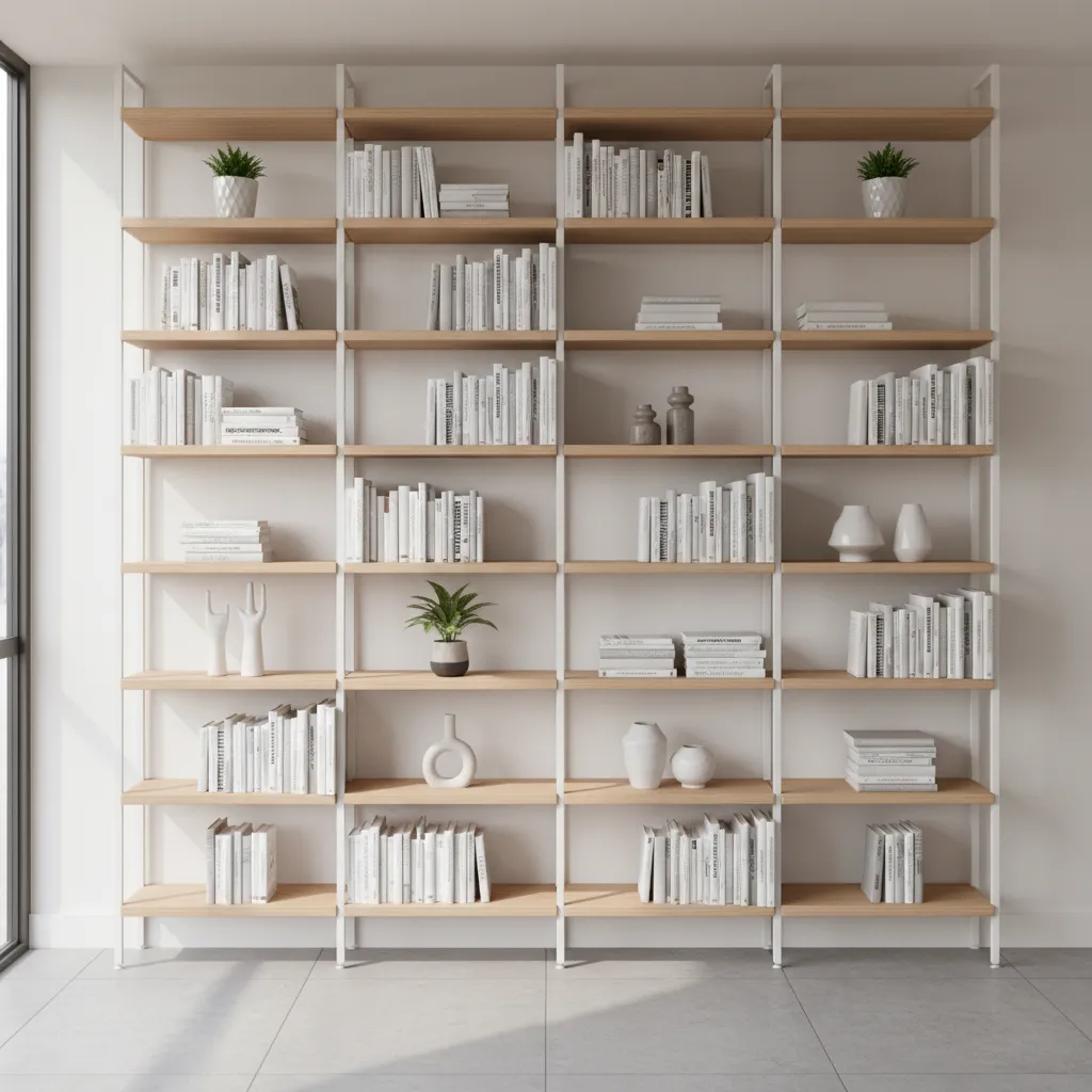 vertical wall shelving used for storage in small apartment