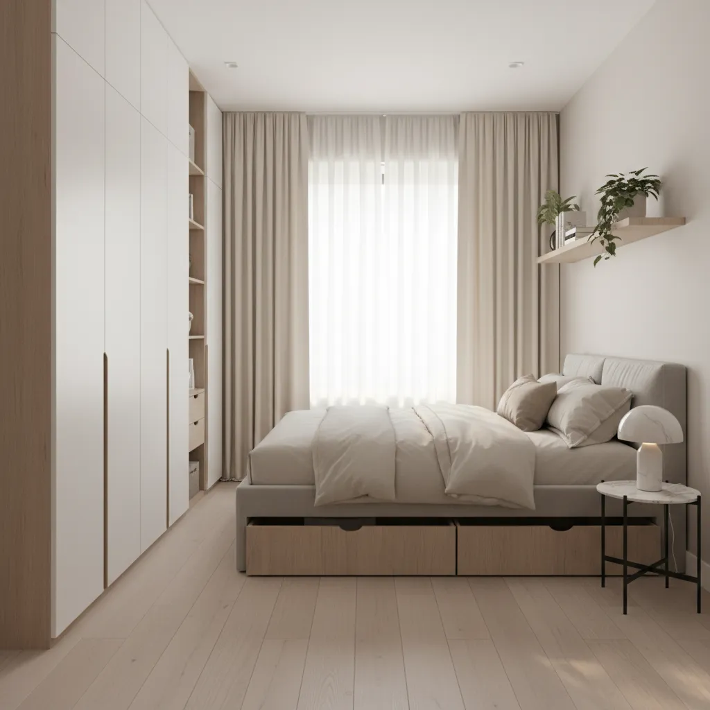 Floor to ceiling storage wardrobe in small apartment bedroom