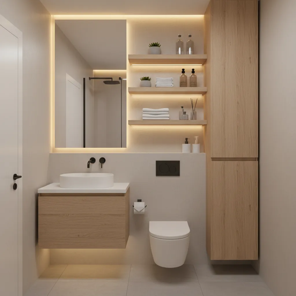 vertical storage cabinet and shelving in narrow small bathroom