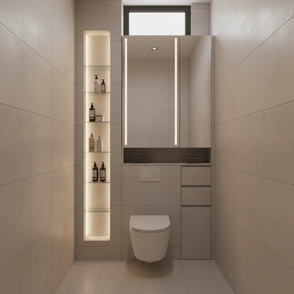Vertical storage solutions with recessed niches and tall cabinet in small bathroom