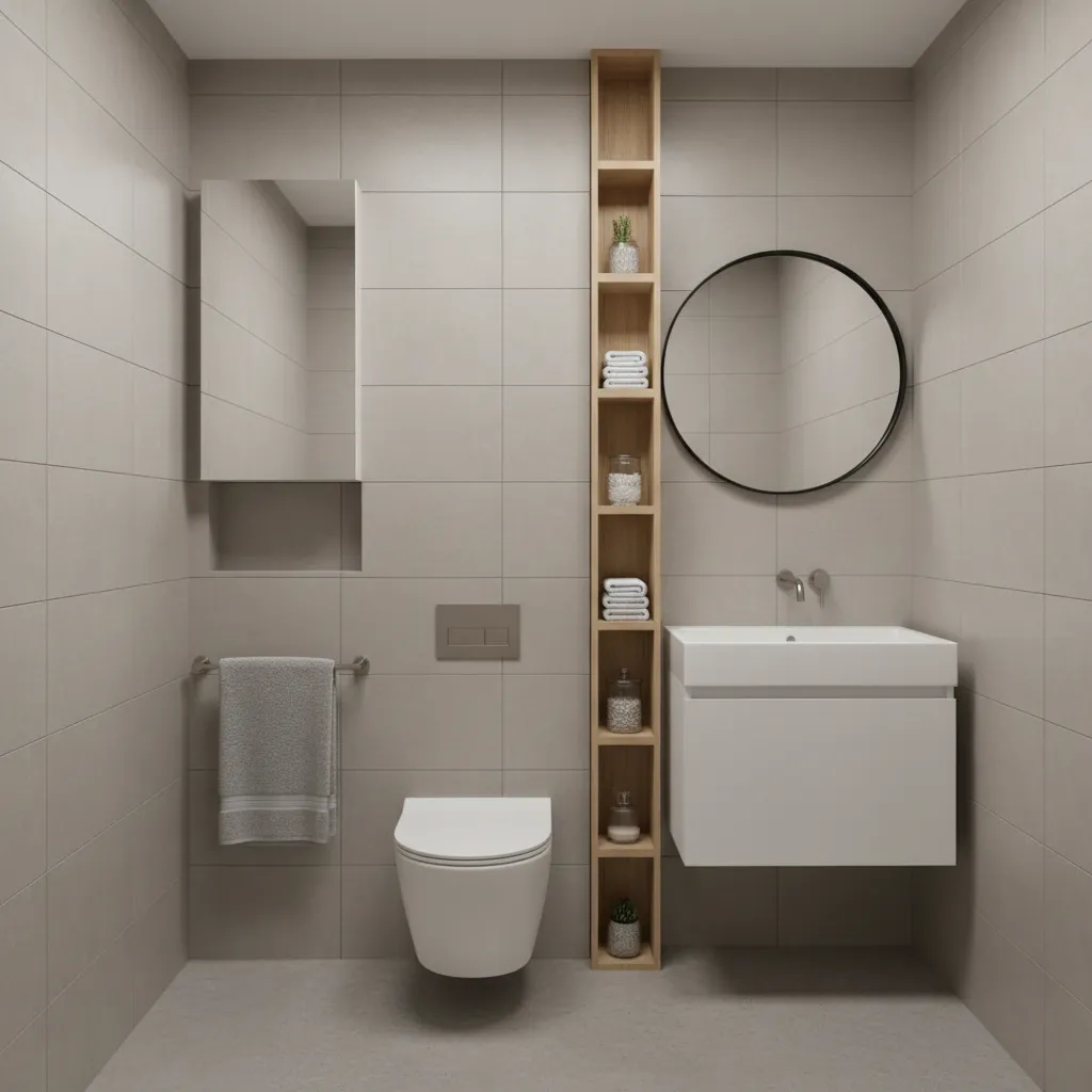 Vertical storage shelves and recessed cabinet in small bathroom