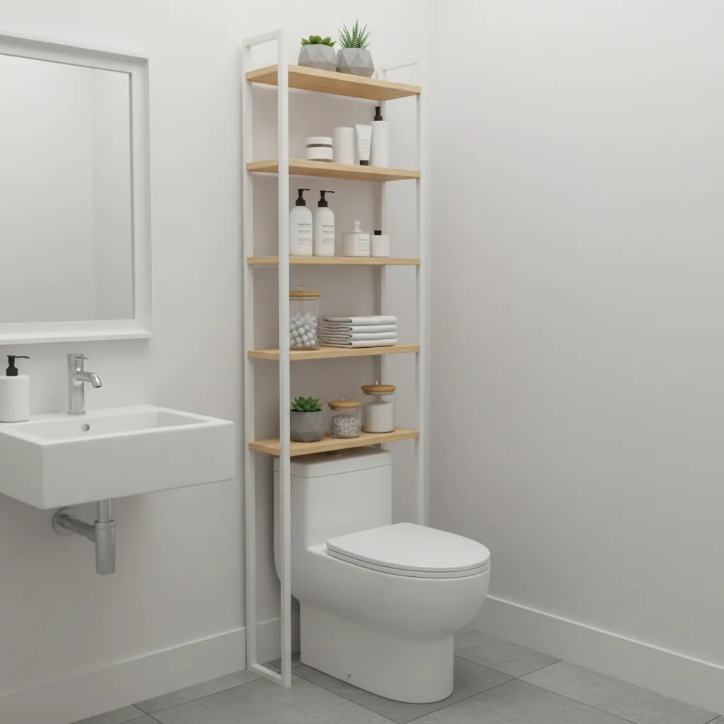 vertical wall shelves above toilet in small bathroom storage design